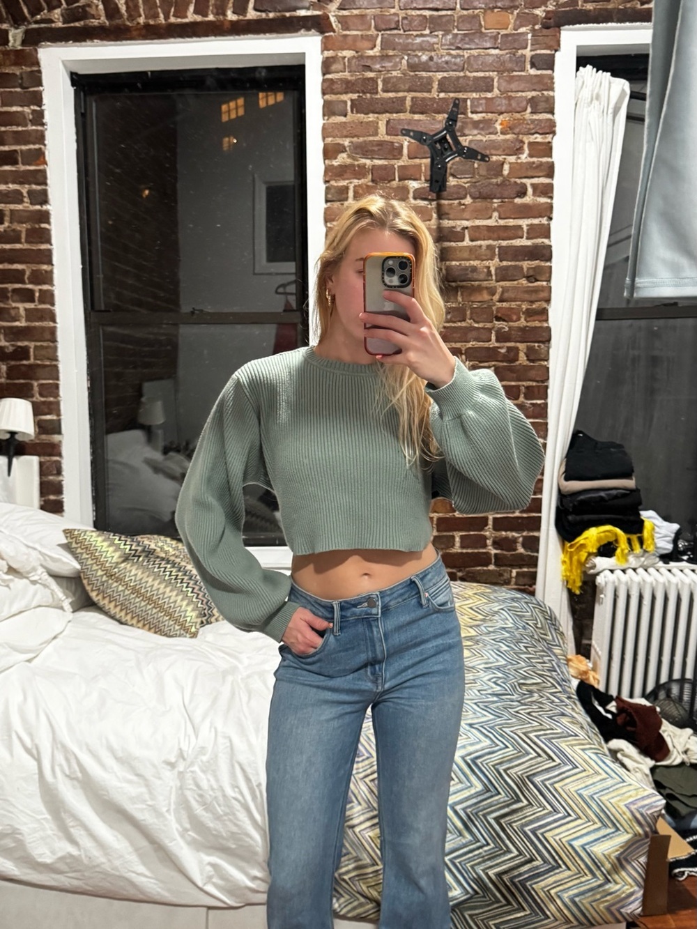 Cropped Sage Green Balloon Sleeve Sweater - Women
